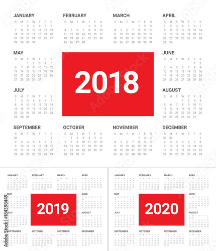 Year 2018 2019 2020 calendar vector