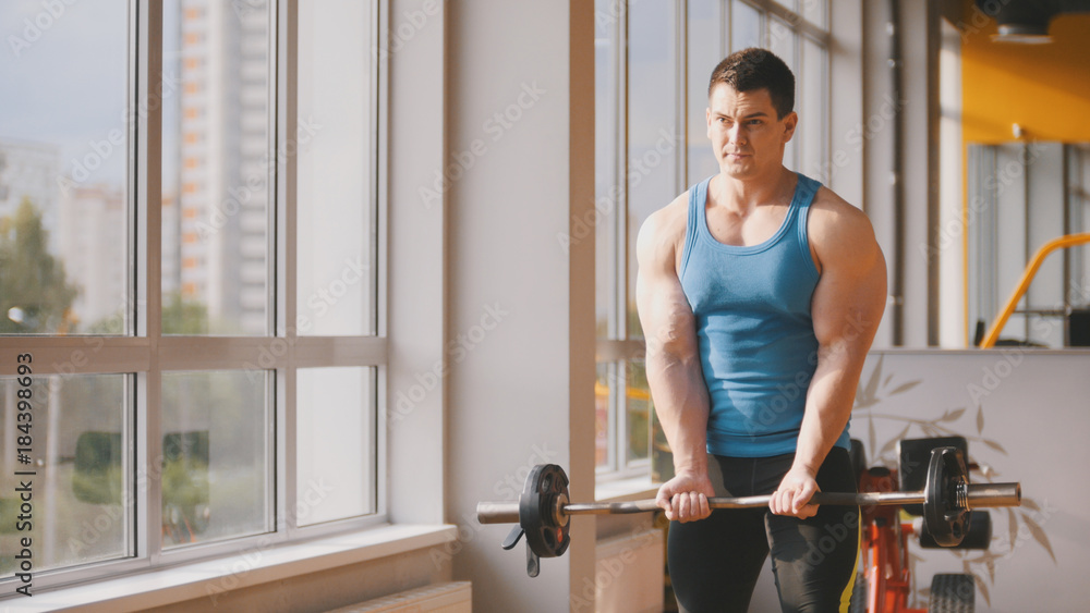 Fototapeta premium Bodybuilding in the gym - muscular man training his biceps near mirror