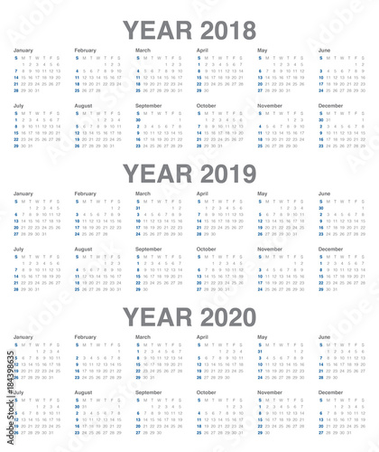 Year 2018 2019 2020 calendar vector
