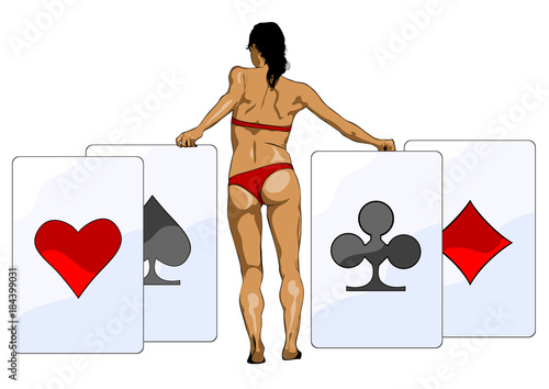 Girl in bikini with playing cards on white background