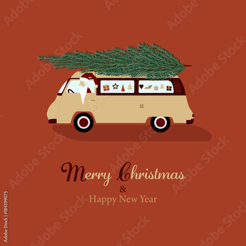 Christmas time. Santa Claus in mini van with tree on the roof. Text : Merry Christmas & Happy New Year