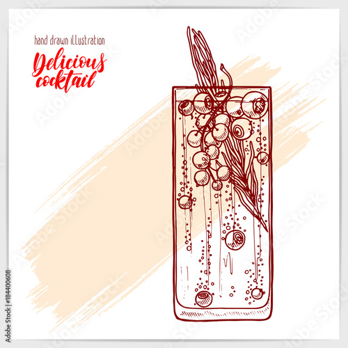 Sketched card with tasty fresh cocktail with berries and rosemary. Hand drawn illustration with hand lettering headline.