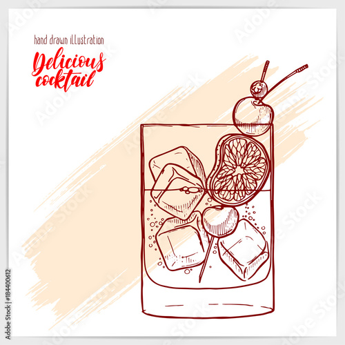 Sketched card with tasty fresh Old Fashioned cocktail with lime and cherry. Hand drawn illustration with hand lettering headline.