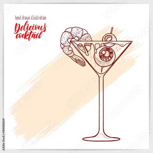 Sketched card with tasty funny and fresh cocktail withprawn, olive and candy eyeball. Hand drawn illustration with hand lettering headline.