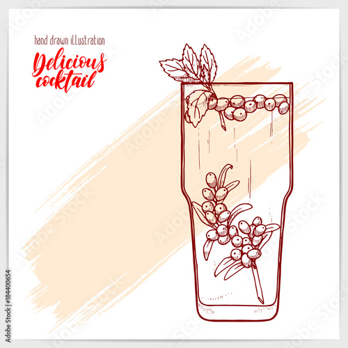 Sketched card with hot tea with mint and buckthorn. Hand drawn illustration with hand lettering headline.