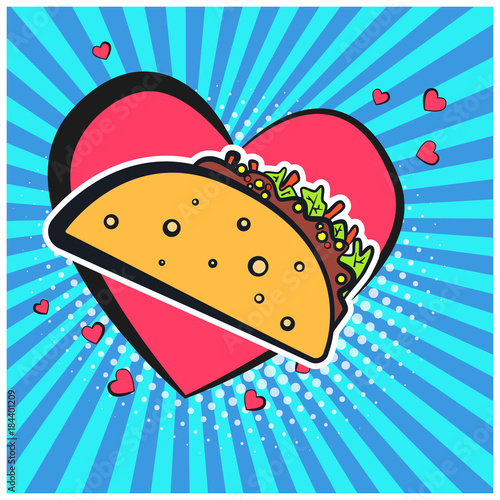 Bright retro comic speech bubble with taco symbol. Outline colorful tacos on lovely heart shape bubble with blue stripes and halftone background for advertisement design, banner, label, menu