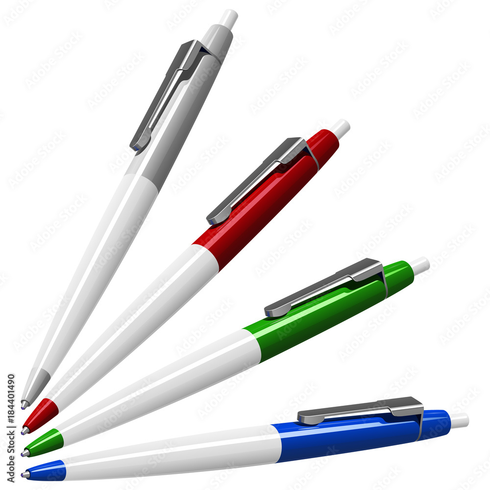 Набор из четырех разноцветных шариковых ручек с кнопками и металлическими зажимами, векторная иллюстрация на белом фоне