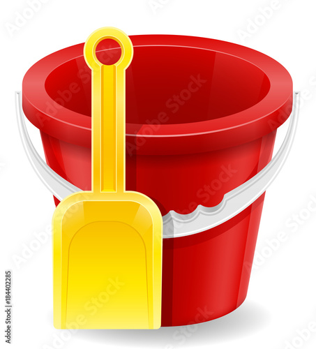beach red bucket and yellow shovel childrens toy for sand stock vector illustration