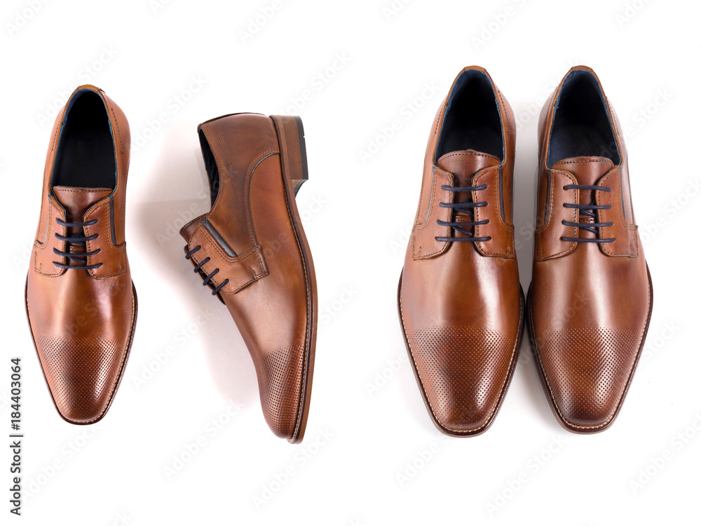 Male brown leather elegant shoe on white background, isolated product, footwear. - obrazy, fototapety, plakaty 