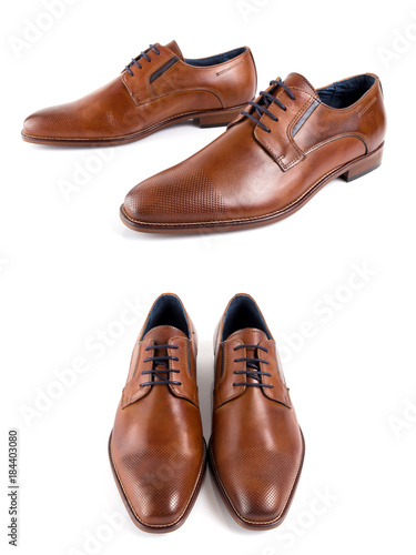 Male brown leather elegant shoe on white background, isolated product, footwear.