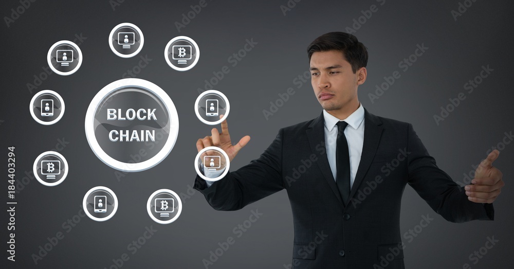 Businessman touching blockchain icon graphics Businessman touching blockchain icon graphics