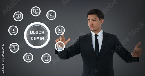 Businessman touching blockchain icon graphics