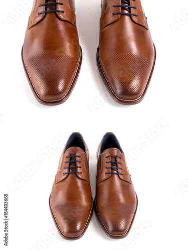 Male brown leather elegant shoe on white background, isolated product, footwear.