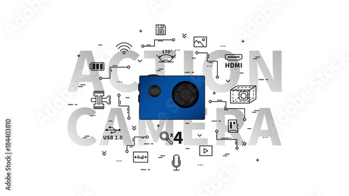 Action camera vector illustration. Portable video camera for extreme sport with items line art concept.