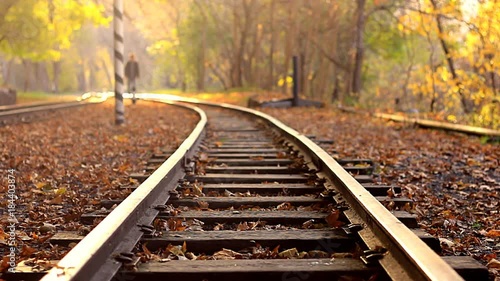 Wallpaper Mural A man walks down train tracks on a background golden Autumn forest. A man approaches the camera Torontodigital.ca
