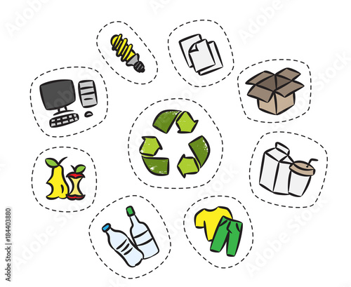 Sticker set with recycle sign vector illustration. Clothes, energy-saving lamp, package box, cardboard package elements with recycle label hand drawn concept. Goods for recycling graphic design.
