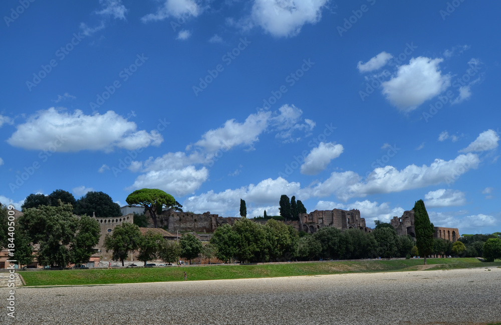 The ruins of the Circus Maximus and of the Domus Augustana in Rome, Italy. blue sky with white clouds. August 15, 2014 at 15:00