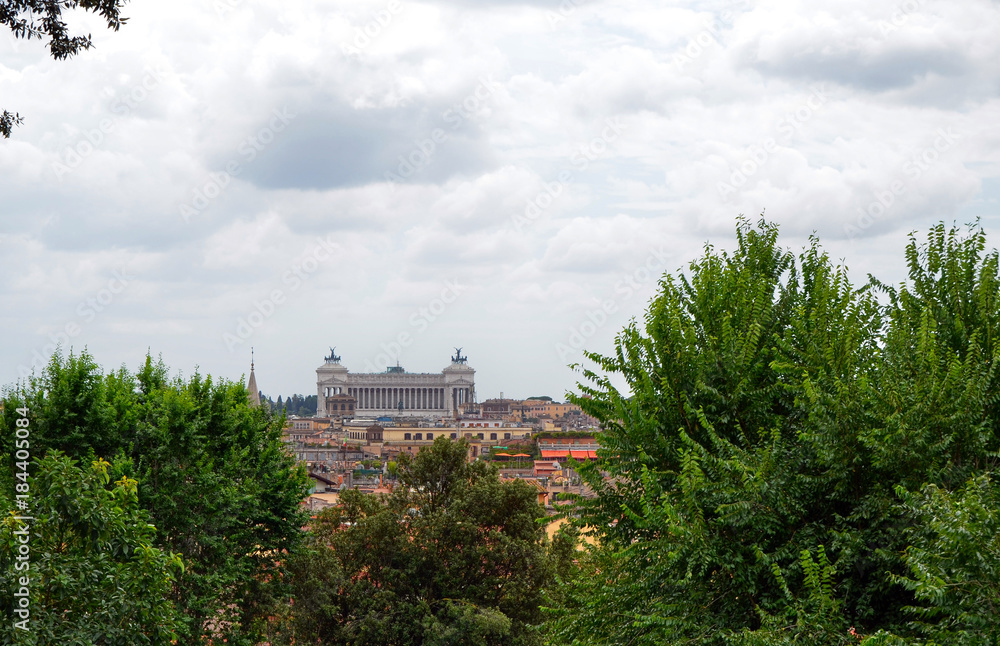 View from the Pincio viewpoint or Pinciano hill Rome, Italy. In the middle you can see the National Monument to Vittorio Emanuele II, known as the Vittoriano or Altare della Patria.16 August 2014 1:00