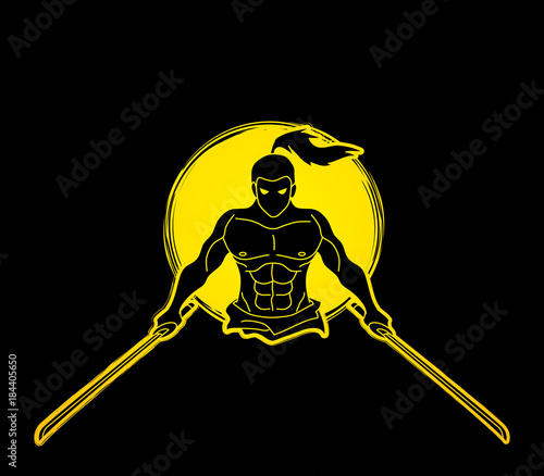 Angry Samurai standing with swords front view designed on moonlight graphic vector.