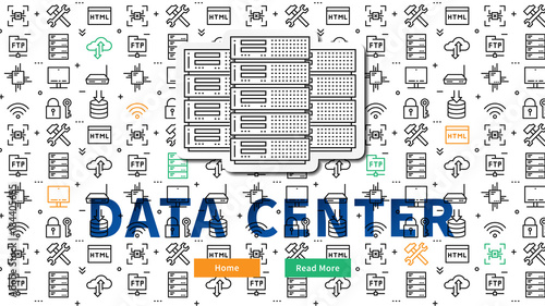 Data (server) centre website page vector illustration. Data center (network equipment, hosting storage, server technology) line art pattern creative concept. Data center template graphic design.
