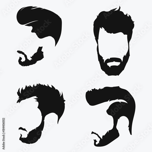 Set of hairstyles for men. Collection of black silhouettes of hairstyles and beards. Vector illustration for hairdresser.