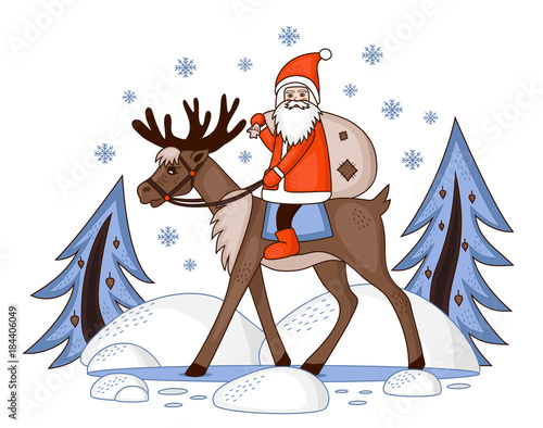 santa claus with a bag of gifts riding a reindeer