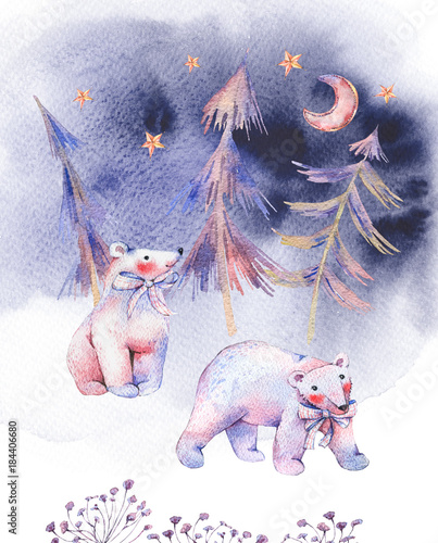 Obraz na płótnie Zimowe akwarele karty z niedźwiedzi polarnych