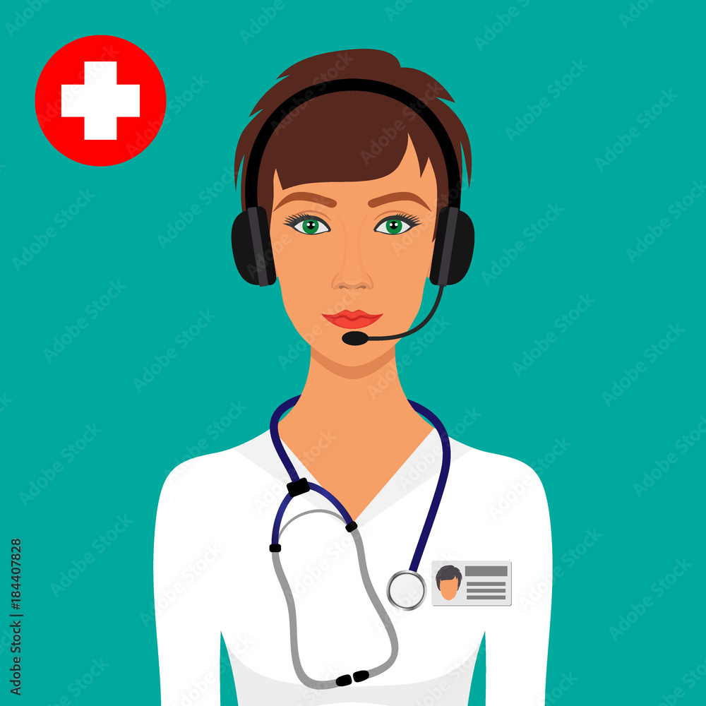 Woman doctor with a stethoscope around her neck and headphones with a  microphone on the head. Online medical consultation and support concept.  Vector illustration in flat style. Stock Vector