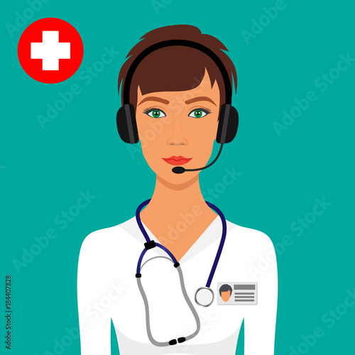 Woman doctor with a stethoscope around her neck and headphones with a microphone on the head. Online medical consultation and support concept. Vector illustration in flat style.