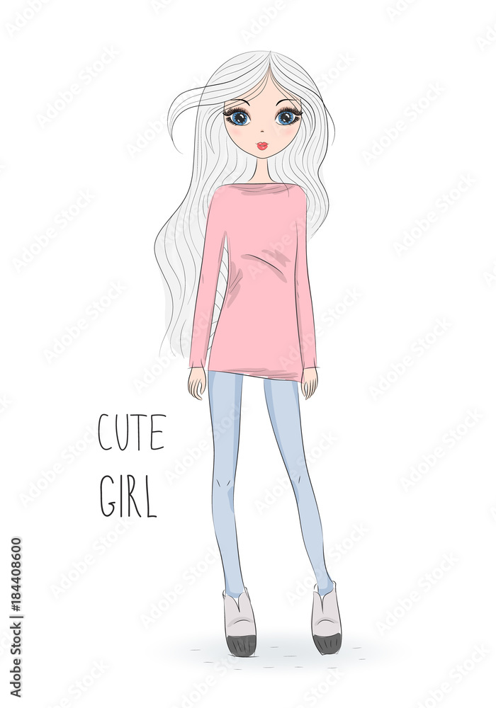 Hand drawn cute fashion cartoon girl. Vector illustration. Hand drawn cute fashion cartoon girl. Vector illustration.