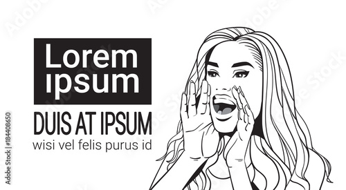 Sketch Beautiful Woman Screaming Advertisement Announcement Concept Attractive Female With Long Red Hair Over White Background With Copy Space Vector Illustration