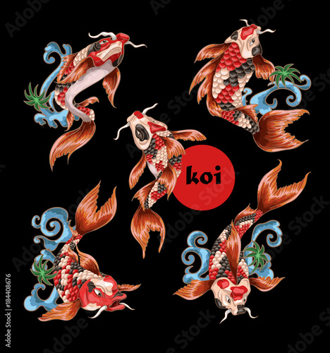 Japanese traditional carp koi for embroidery or print. Vector illustration.