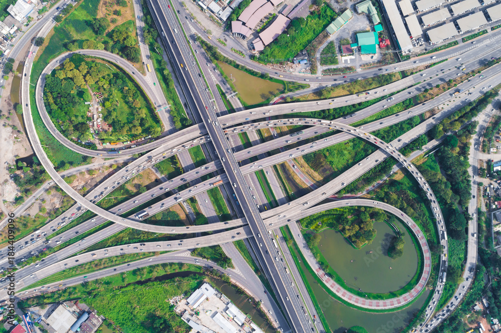 Top view traffic highway circle intersection
