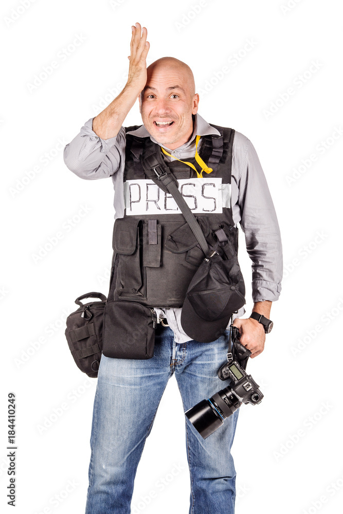 military press photographer with a professional camera. Isolated on white background military press photographer with a professional camera. Isolated on white background