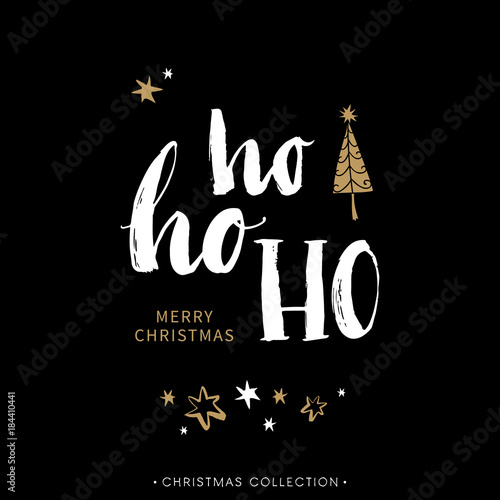 Merry Christmas greeting card with calligraphy. Hoho. Handwritten modern brush lettering. Hand drawn design elements.