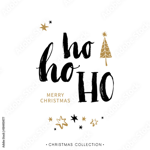 Merry Christmas greeting card with calligraphy. Ho Ho Ho. Handwritten modern brush lettering. Hand drawn design elements. photo
