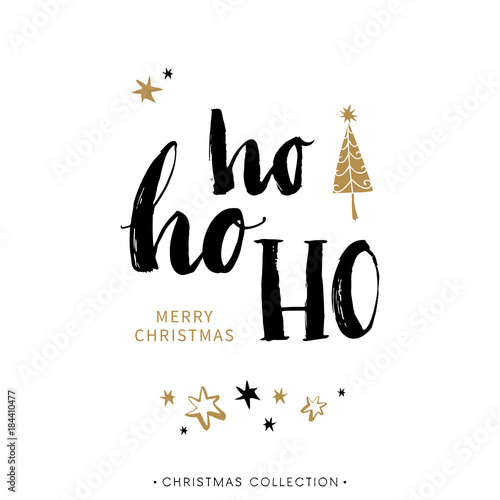Merry Christmas greeting card with calligraphy. Ho Ho Ho. Handwritten modern brush lettering. Hand drawn design elements.