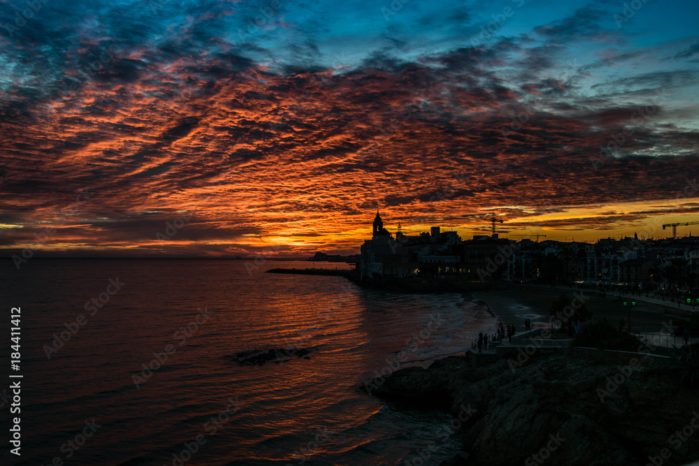 Beautiful town of Sitges at sunset, Sunset view in Sitges, Spain