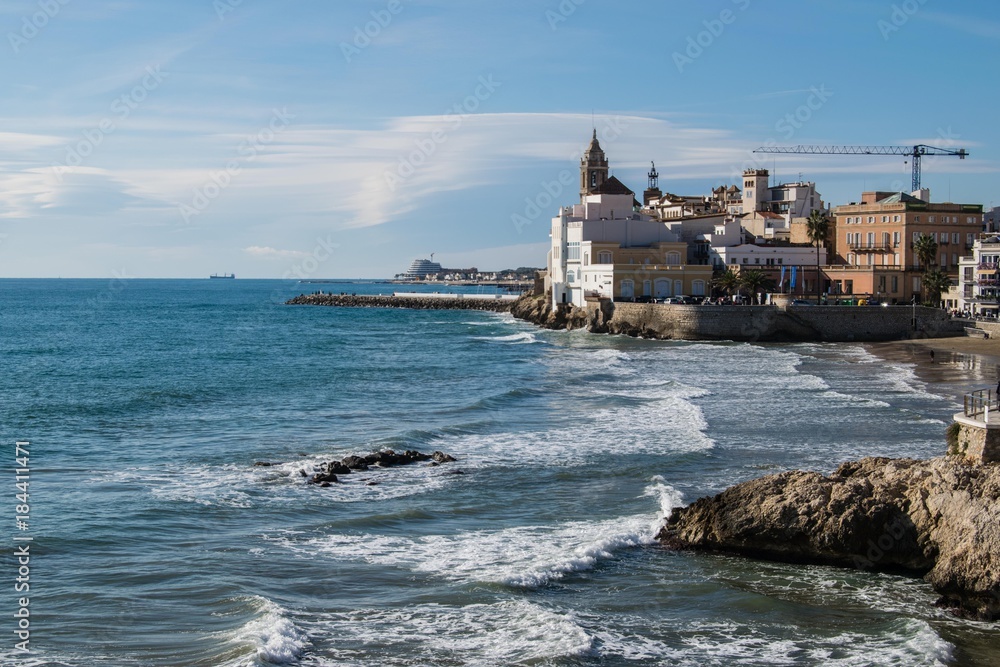 The beautiful town of Sitges, winter Spain, Landscape of the coastline in Sitges