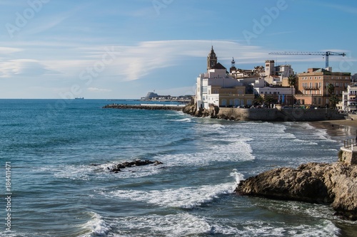 The beautiful town of Sitges, winter Spain, Landscape of the coastline in Sitges