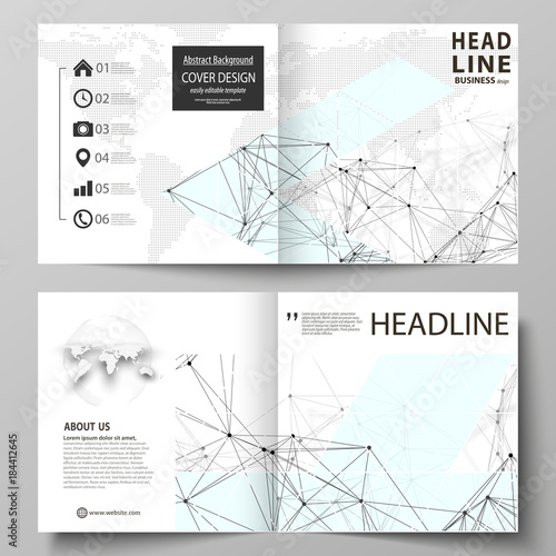 Business templates for square design bi fold brochure, flyer, report. Leaflet cover, vector layout. Chemistry pattern, connecting lines and dots, molecule structure on white, geometric background.