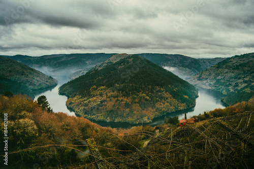 Cabo do mundo meander in the river Minho (Lugo, Spain) surrounded by vineyards