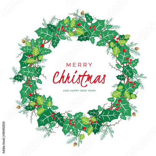 Christmas wreath with berries, leaves, pine branches and fir cones. Round frame for winter design. Vector background