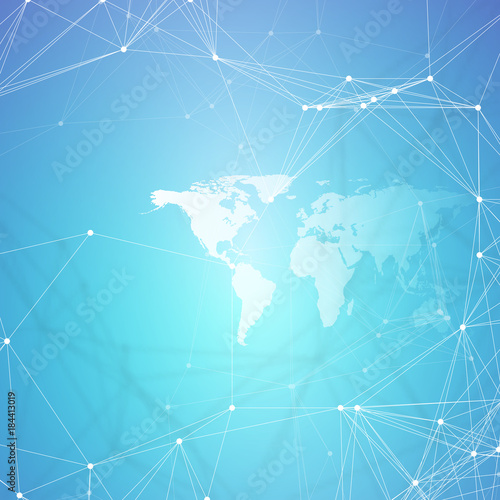 Abstract futuristic background with connecting lines and dots, polygonal linear texture. World map on blue. Global network connections, geometric design, technology digital concept.