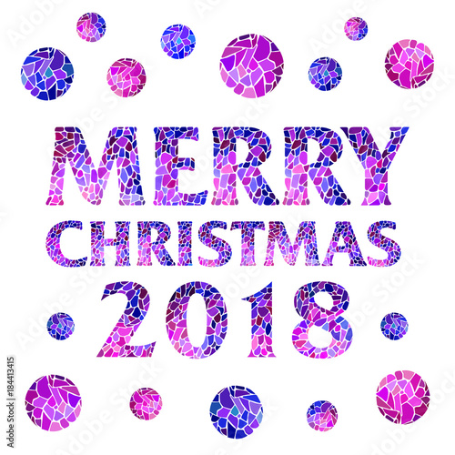 2018 square magic inscription Merry Christmas with mosaic balls on white background. Creative vector for Holiday Greeting Poster.