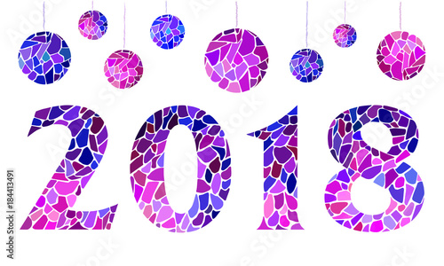 Banner with inscription 2018 mosaic design with mosaic Christmas decorations - Vector greeting illustration