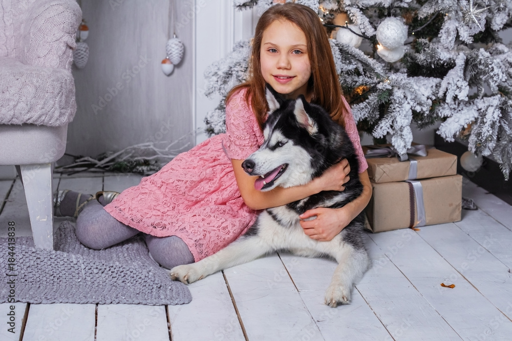 Child girl with a dog near a Christmas tree. Child girl with a dog near a Christmas tree.