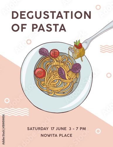 Flyer template with plate of appetizing spaghetti with tomatoes. Degustation ...