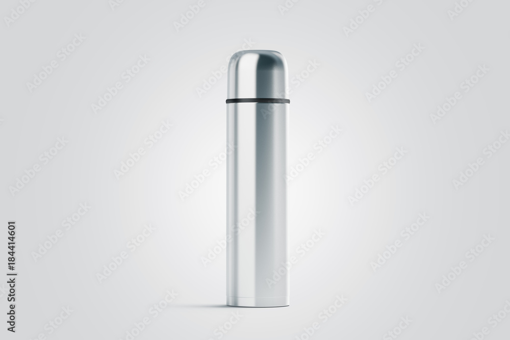 Blank white closed travel thermos mock up, 3d rendering. Empty traveler bottle mockup isolated. Clear stainless steel drink container template. Plain thermo mug for tea or coffee.