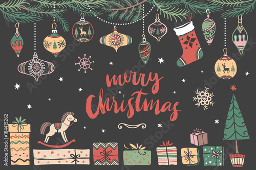 Christmas hand drawn design elements with calligraphy. Handwritten modern brush lettering.